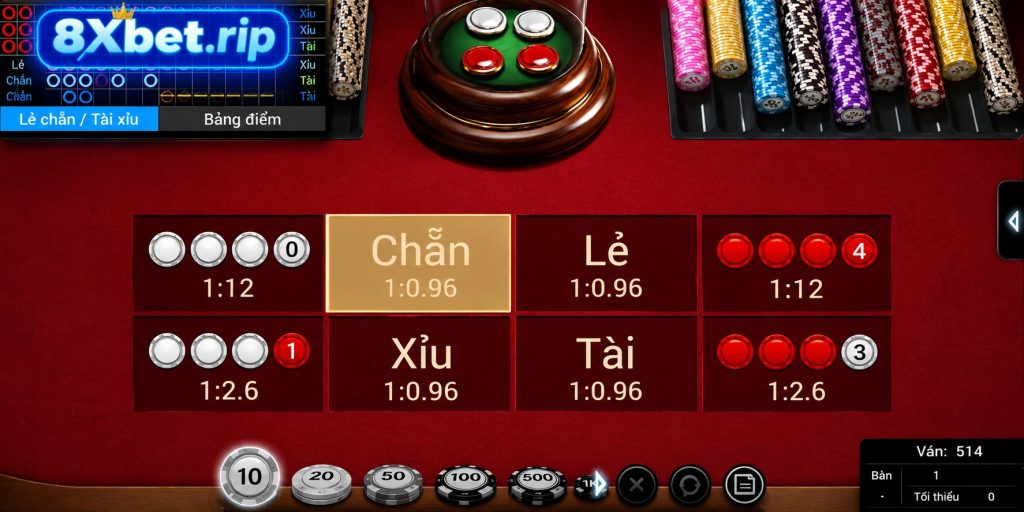 Bảng cược xóc đĩa online với các ô Chẵn, Lẻ, Tài, Xỉu tỷ lệ 1:0.96, cửa bốn quân cùng màu 1:12 và cửa 3-1 tỷ lệ 1:2.6