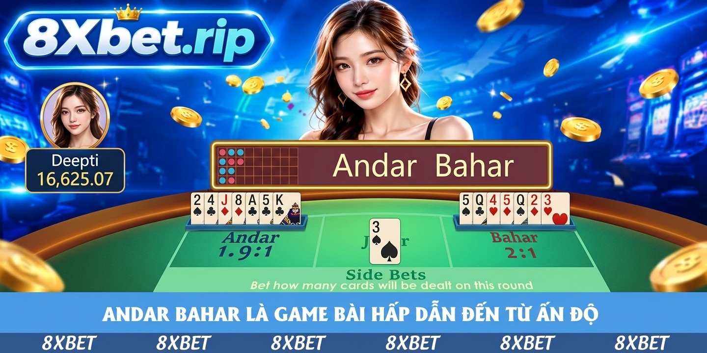Giao diện Andar Bahar với lá chủ 3 bích ở giữa, hai cửa Andar và Bahar cùng ô cược phụ