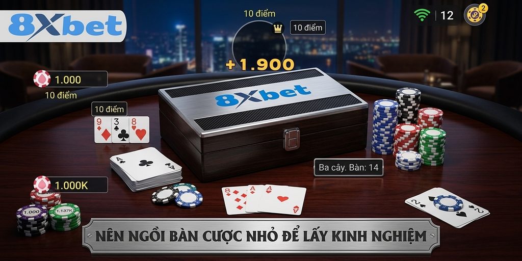 Bàn ba cây online số 14 nền xanh đậm, người chơi có 8 rô, Át rô, Át cơ đạt 10 điểm và được cộng 1.900
