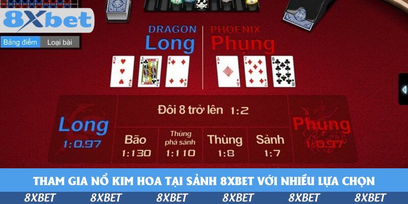 Bàn Nổ Kim Hoa hai tụ Long và Phụng với các cửa Bão, Thùng Phá Sảnh, Thùng, Sảnh và Đôi 8 trở lên