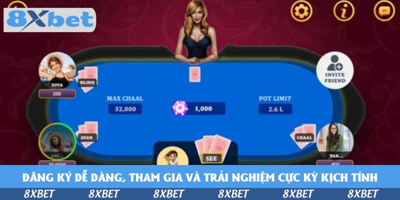 Giao diện bàn Teen Patti nhiều người chơi với nhãn Blind, Seen, Chaal và giới hạn pot