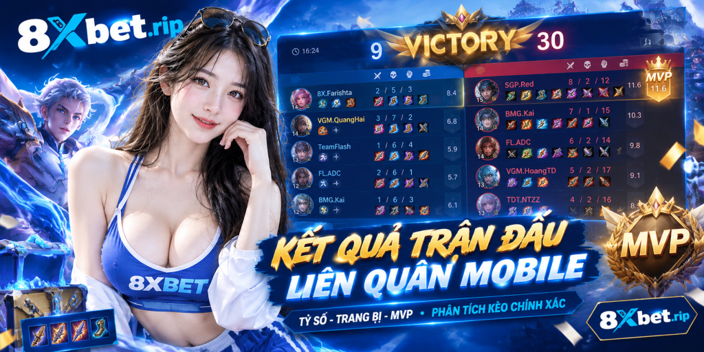 Bảng kết quả Victory trong Liên Quân với tỷ số mạng 9 và 30, trang bị và điểm MVP của từng người chơi