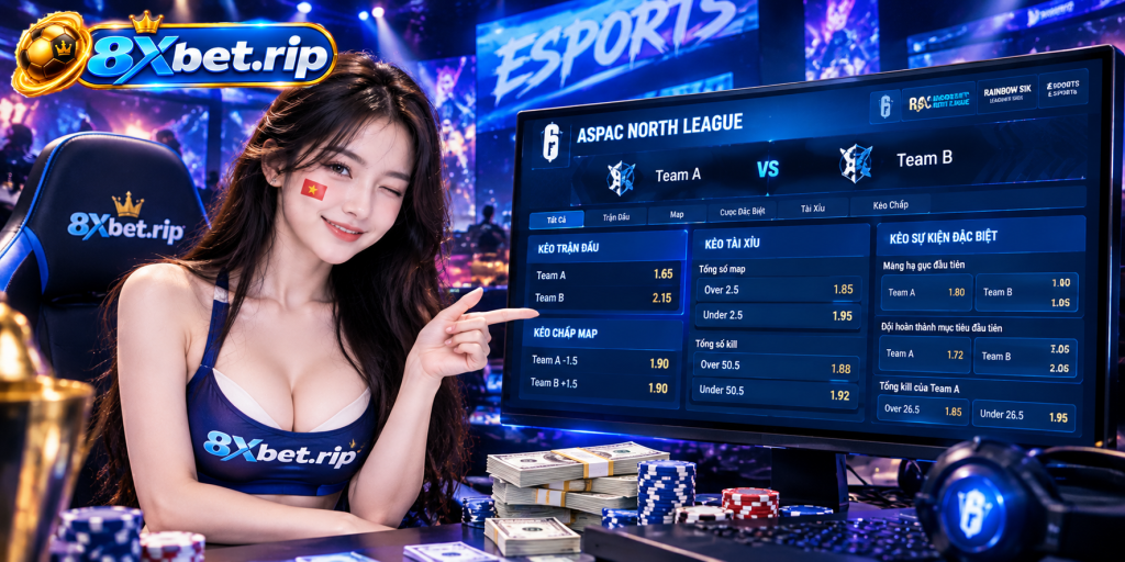 Màn hình lớn hiển thị bảng tỷ lệ kèo cá cược esports, xung quanh là tiền giấy và chip cược