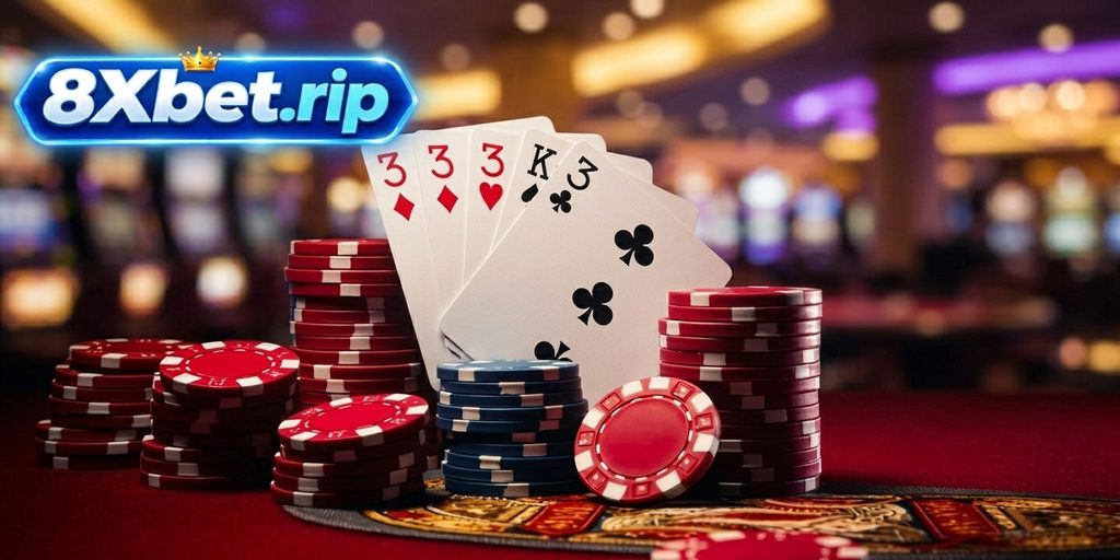 Bộ bài gồm ba lá Át và lá K xòe ra giữa các chồng phỉnh đỏ trắng trên bàn casino ánh đèn mờ, gợi không khí bàn Baccarat AE Sexy
