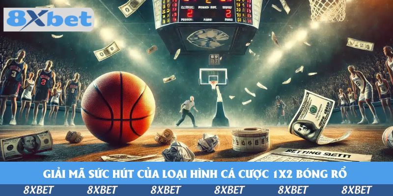 Kèo 1x2 bóng rổ minh họa bằng quả bóng cam trên sàn đấu, tiền giấy bay và trọng tài dưới bảng tỷ số