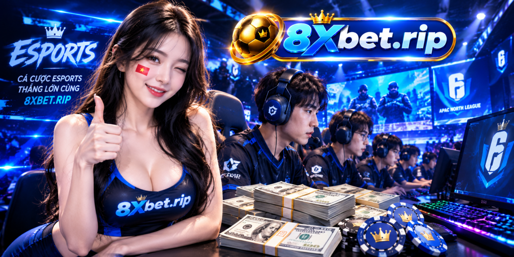 Hàng tuyển thủ esports đeo tai nghe thi đấu trên máy tính, ghép cạnh xấp tiền đô la