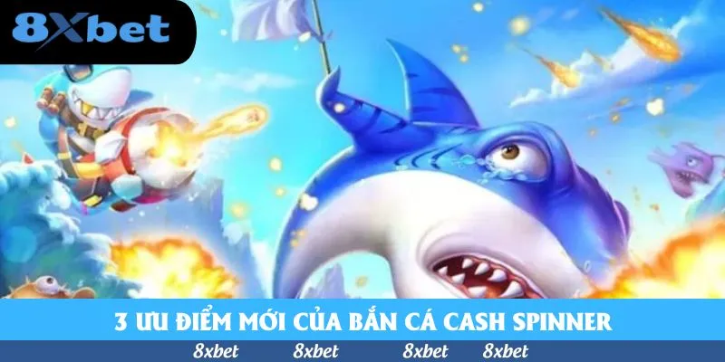 Cá mập nhỏ đội mũ bắn pháo lửa về phía cá mập xanh khổng lồ đang khóc cầm cờ trắng trong game bắn cá Cash Spinner