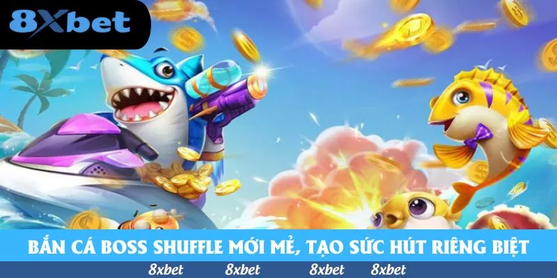 Cá mập xanh cưỡi mô tô nước tím, cầm súng bắn giữa những đồng xu vàng bay, bên cạnh cá vàng thắt nơ trong bắn cá Boss Shuffle