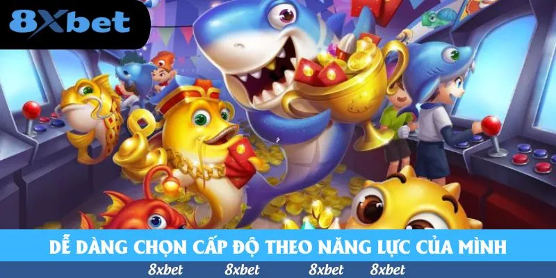 Cá mập xanh ôm cúp vàng đầy lì xì giữa các máy arcade có cần gạt đỏ, cá vàng đeo dây chuyền và cậu bé đội mũ cá mập trong bắn cá Dual Fire