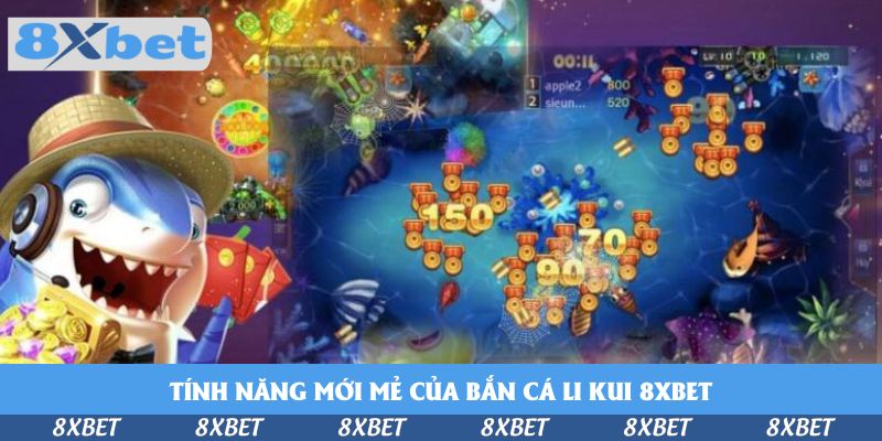 Cá mập hoạt hình đội mũ cói cầm khay xu vàng, bên phải là màn hình bắn cá Li Kui với nhiều đồng xu và các số 150, 90, 70
