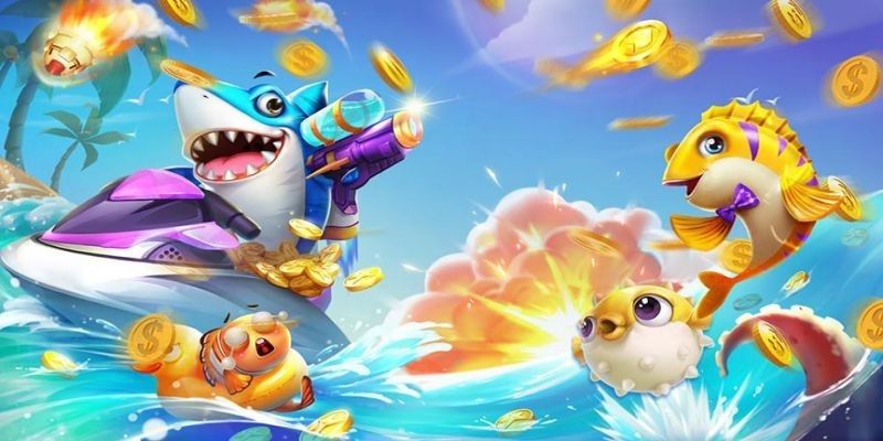 Cá mập hoạt hình cầm súng nước cưỡi mô tô nước, xung quanh là cá vàng, cá nóc và đồng xu