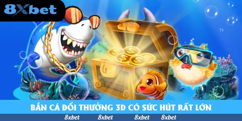 Cá mập đeo kính cam và dây xích vàng bên rương báu tỏa sáng chứa đồng xu, cạnh cá hề và cá nóc đeo kính lặn trong bắn cá 3D đổi thưởng
