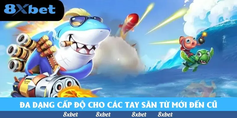 Cá mập đeo kính ngậm xì gà điều khiển khẩu pháo nhiều nòng, tên lửa đỏ bay qua sóng biển về phía cá hề và rùa xanh trong bắn cá Boss Shuffle