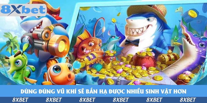 Cá mập đội mũ cói thắt nơ bên rương báu và núi xu vàng, cạnh cá mập hải tặc cầm khẩu pháo, minh họa săn cá khủng tại 8XBET