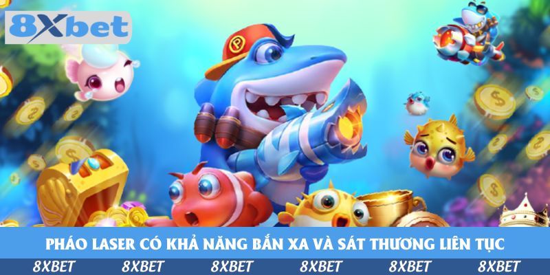 Cá mập xanh đội mũ lưỡi trai đỏ đeo dây đạn cầm pháo laser, xung quanh là cá nóc vàng, cá hồng và rương xu vàng trong Laser Cannon Fishing