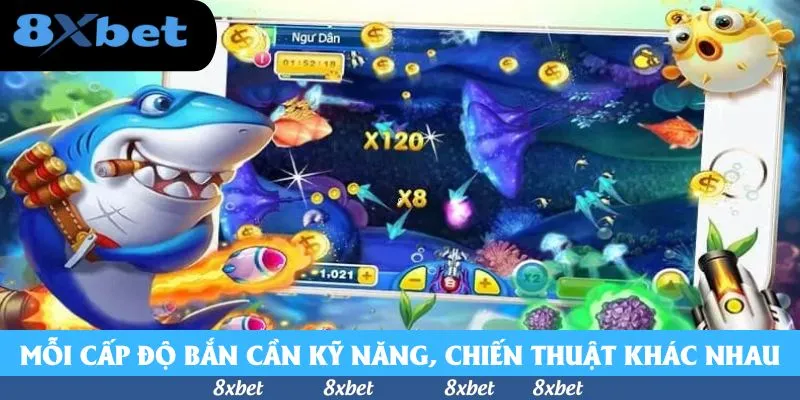 Cá mập ngậm xì gà đeo dây đạn bên cạnh màn hình bắn cá Cash Spinner hiển thị hệ số X120, X8 và đồng hồ đếm giờ