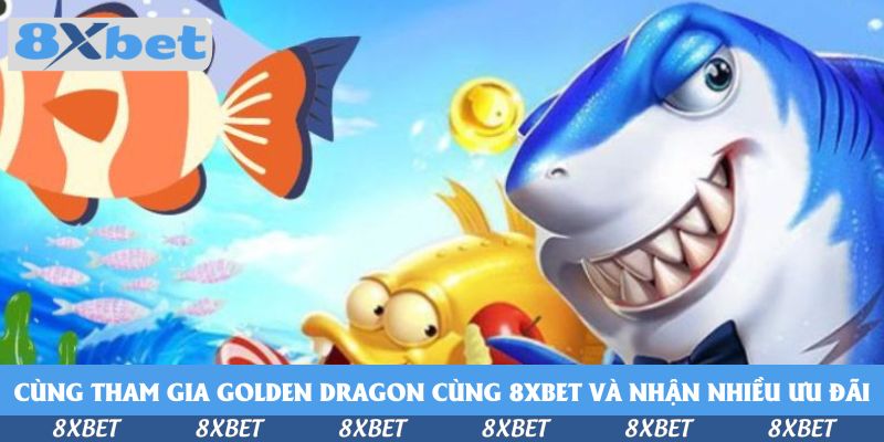 Cá mập xanh thắt nơ đen cười tươi cạnh cá hề sọc cam trắng, chú cá vàng và đồng xu vàng trên nền trời xanh trong Golden Dragon