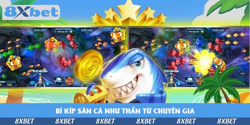 Chú cá mập ôm rương vàng đứng giữa hai màn hình săn cá có bạch tuộc đỏ và cá vàng, phía trên là ba ngôi sao vàng