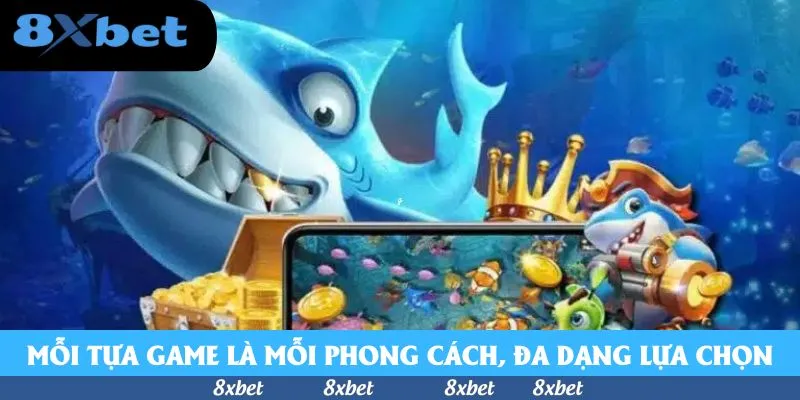 Cá mập xanh nhe răng bên rương vàng, vương miện và điện thoại hiển thị màn hình săn cá có cá mập cầm súng ở góc phải