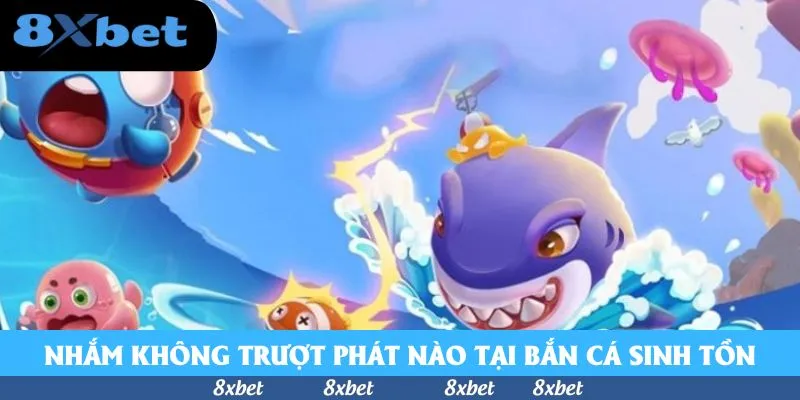 Cá mập tím bị tia sét đánh trúng giữa sóng nước, xung quanh là cá tròn đội mũ thợ lặn, sao biển hồng và sứa trong bắn cá sinh tồn