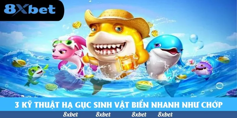 Cá mập vàng đội mũ cói cười lớn cùng cá heo xanh và cá hồng đeo kính lướt trên sóng biển giữa những đồng xu vàng