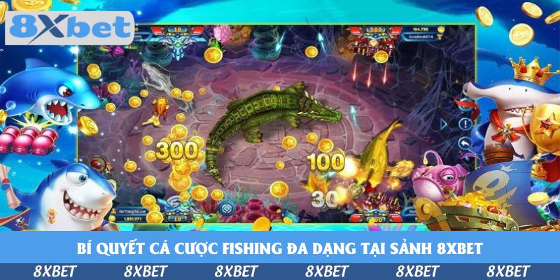 Màn hình bắn cá với con cá sấu xanh lớn ở giữa, đồng xu vàng rơi kèm các số 300, 100 và 30 khi cá cược fishing