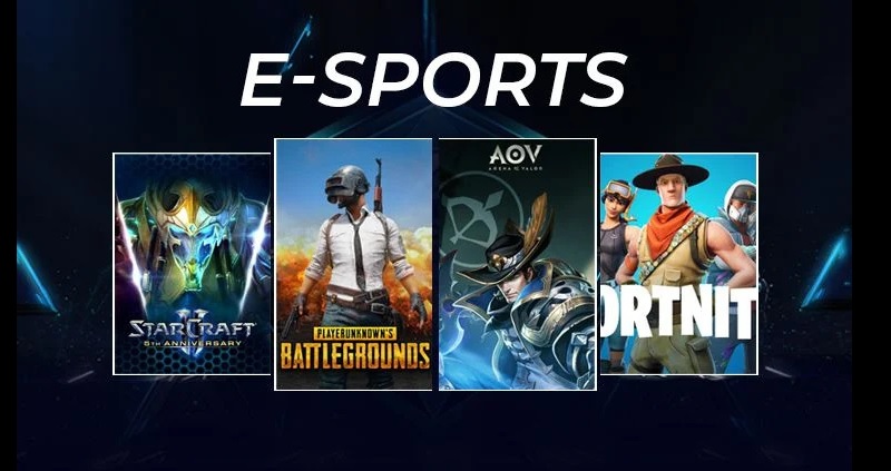 Bốn ảnh bìa game StarCraft II, PUBG, Arena of Valor và Fortnite dưới dòng chữ E-SPORTS
