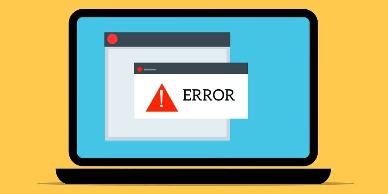Màn hình laptop trên nền vàng hiện cửa sổ báo lỗi chữ ERROR kèm tam giác cảnh báo màu đỏ