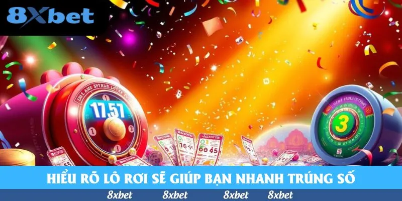 Hai máy quay số hình tròn hiển thị số 17 57 và số 3 giữa vé số và pháo giấy rực rỡ, minh họa cầu lô rơi