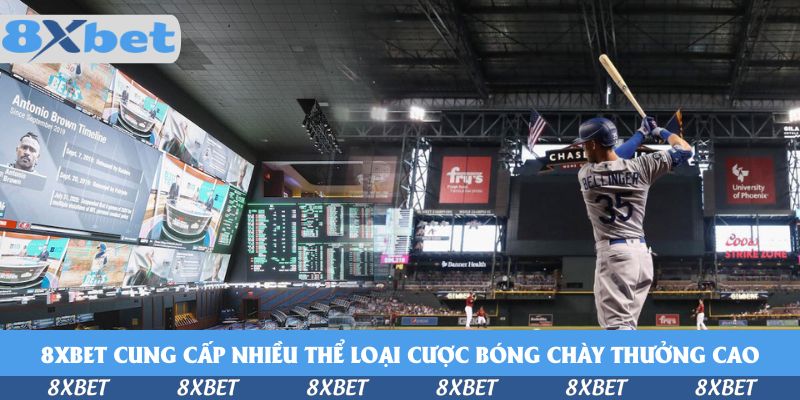 Cá cược bóng chày minh họa bằng cầu thủ áo xám số 35 vung gậy trong sân có mái vòm, bên trái là các màn hình tỷ lệ
