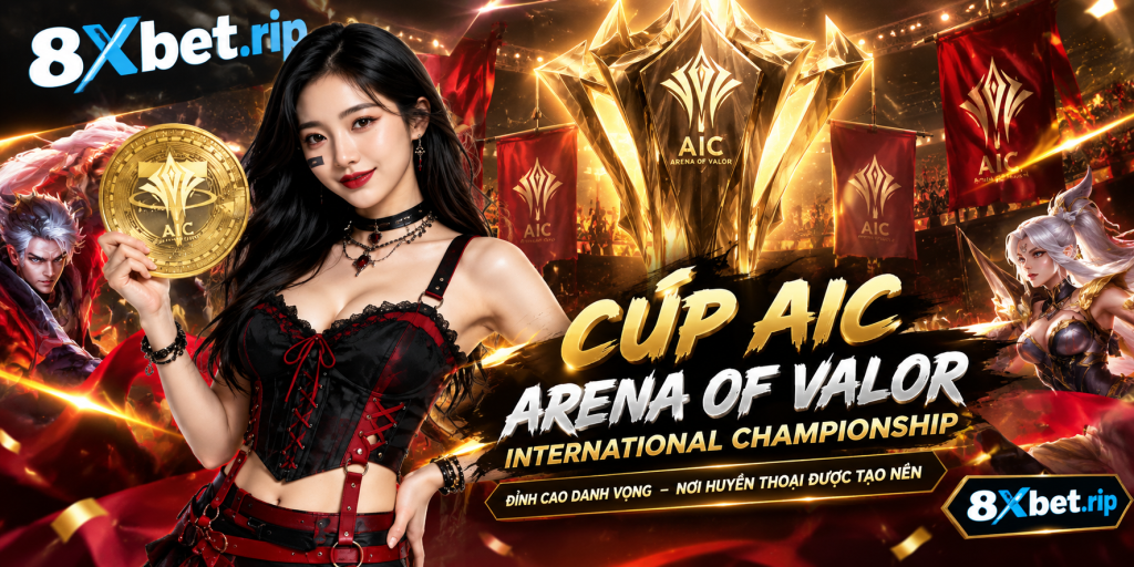 Chiếc cúp Arena of Valor International Championship trên nền lửa đỏ và vàng