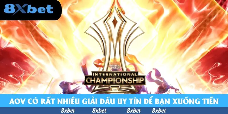 Chiếc cúp International Championship của giải AoV quốc tế đặt trên nền lửa đỏ cam rực rỡ