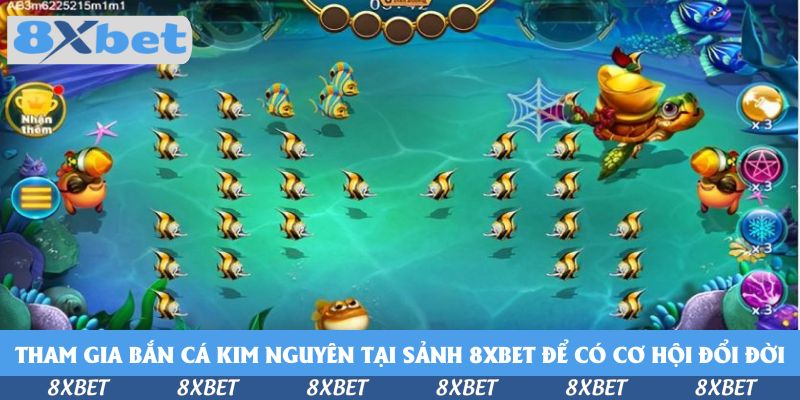Đàn cá sọc vàng đen xếp hàng dày đặc trên nền biển xanh, rùa cõng thỏi vàng ở góc phải và các biểu tượng kỹ năng ở mép phải màn hình bắn cá Kim Nguyên