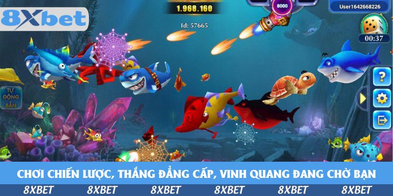 Minh họa mẹo bắn cá chọn loại đạn: màn hình bắn cá với lưới đạn hình mạng nhện, những viên đạn lửa màu cam lao về đàn cá mập, rùa biển và nút Tự động bắn bên trái