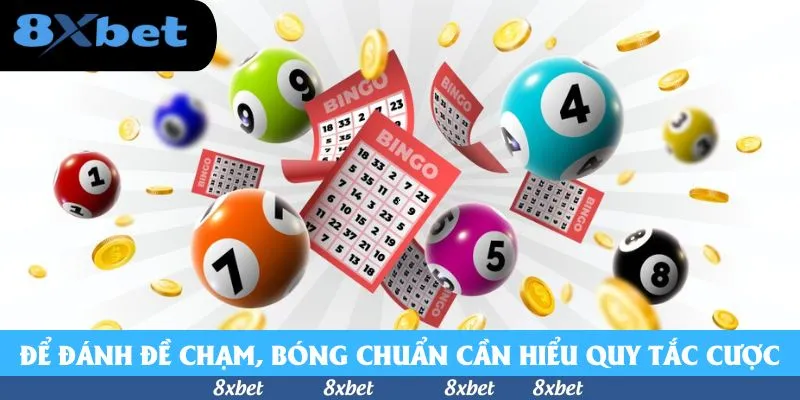 Bóng số 9, 4, 1, 7, 5, 8 nhiều màu bay cùng phiếu bingo đỏ và đồng xu vàng, minh họa đề chạm