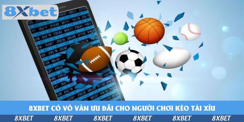Điện thoại hiển thị bảng số liệu với bóng đá, bóng rổ, bóng chày, tennis bay ra, minh họa đặt kèo tài xỉu nhiều môn