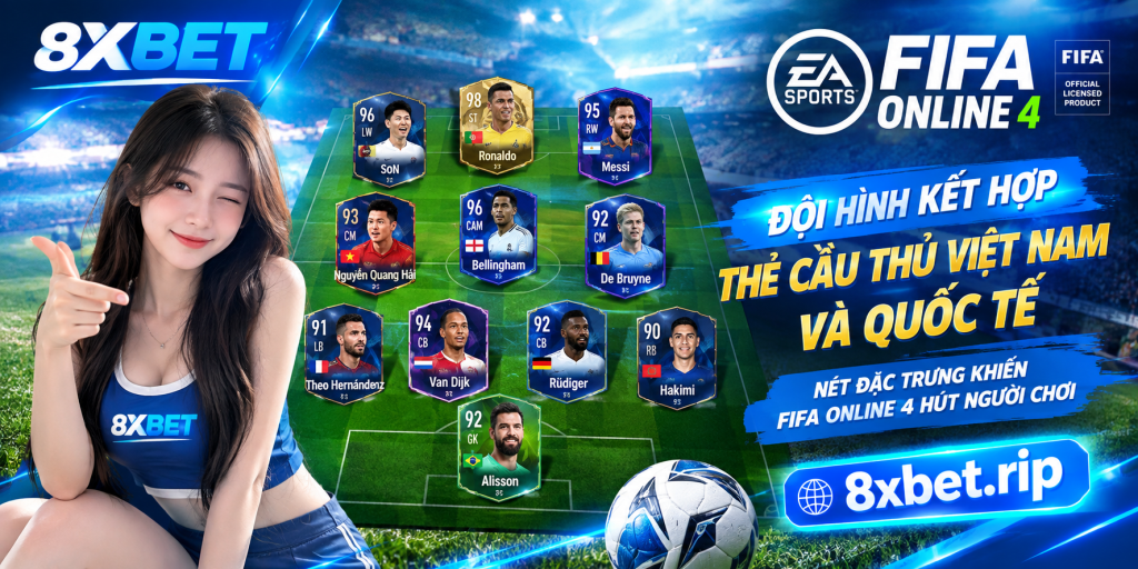 Đội hình thẻ cầu thủ FIFA Online 4 xếp trên sân cỏ, gồm cả cầu thủ Việt Nam và ngôi sao quốc tế