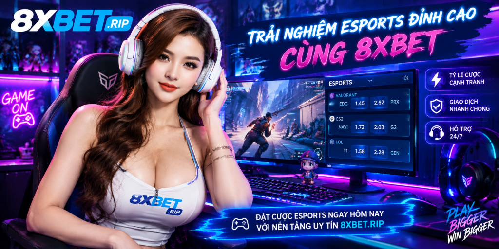 Game thủ đeo tai nghe trắng ngồi trước màn hình và bàn phím đèn LED, minh họa trải nghiệm esports 8XBET