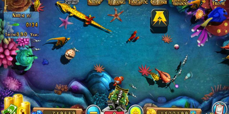 Giao diện game bắn cá có bảng nhiệm vụ bên trái, các nút Ngắm, Tự động, Tăng tốc, Cố định phía trên và rùa biển, sao biển dưới nước