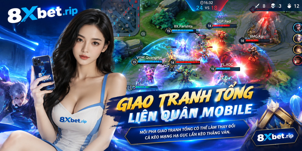 Pha giao tranh đông người trong Liên Quân Mobile với thanh máu và tên người chơi trên màn hình, khoảnh khắc quyết định nhiều kèo cá cược Liên Quân