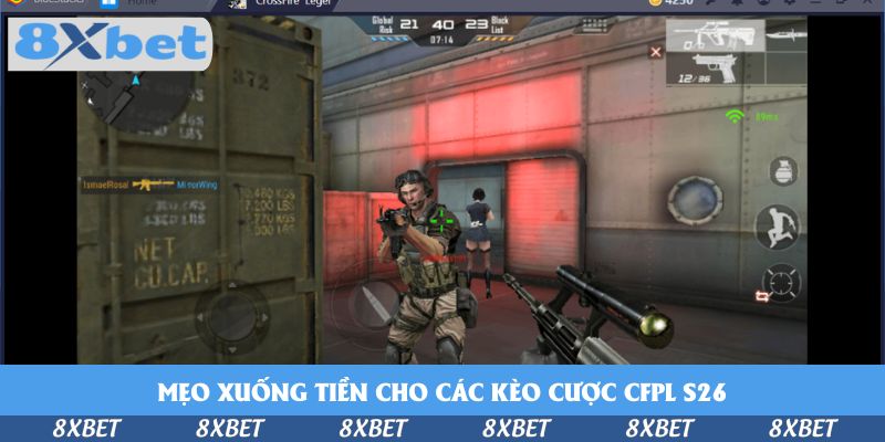 Góc nhìn thứ nhất trong trận CrossFire với nhân vật cầm súng trước cánh cửa đỏ, bảng tỷ số round hiện phía trên, minh họa diễn biến CrossFire Pro League