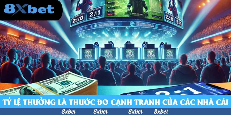 Khán đài esports đông người trước sân khấu thi đấu, tiền giấy và điện thoại ở tiền cảnh