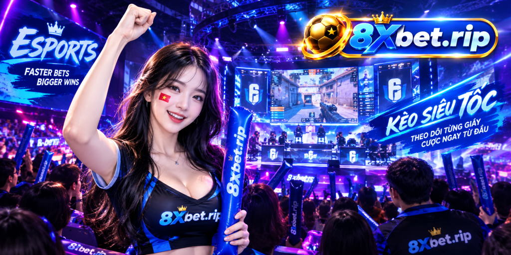 Một khán giả giơ cao nắm tay giữa đấu trường esports rực đèn tím, phía trước là sân khấu và màn hình lớn
