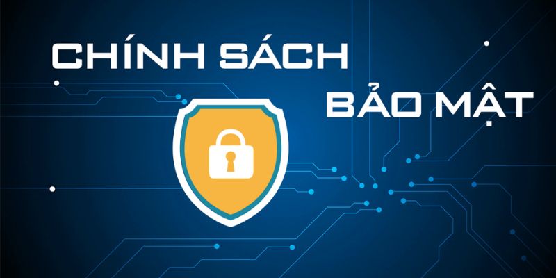 Biểu tượng khiên màu vàng có ổ khóa trên nền mạch điện xanh, kèm dòng chữ chính sách bảo mật
