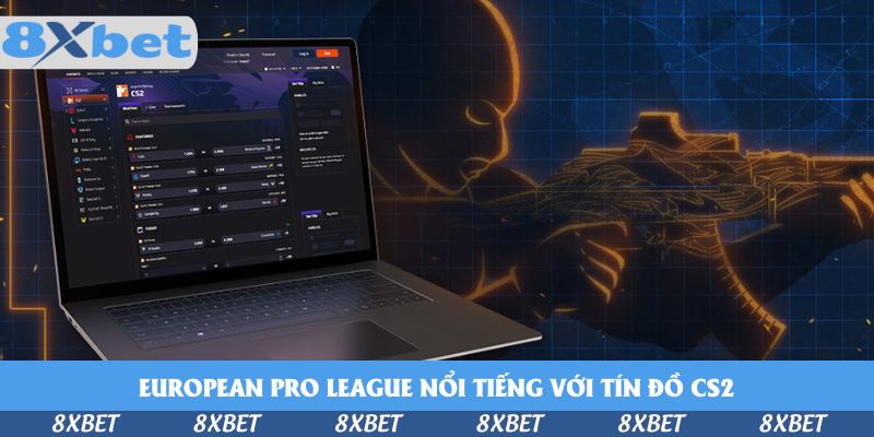 Laptop mở bảng kèo CS2 trên nền hình bóng người lính cầm súng, minh họa kèo European Pro League