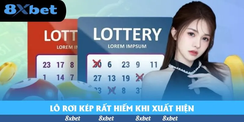 Hai phiếu Lottery đỏ và xanh có vài con số bị gạch chéo, bên cạnh là cô gái tóc đen minh họa lô rơi kép