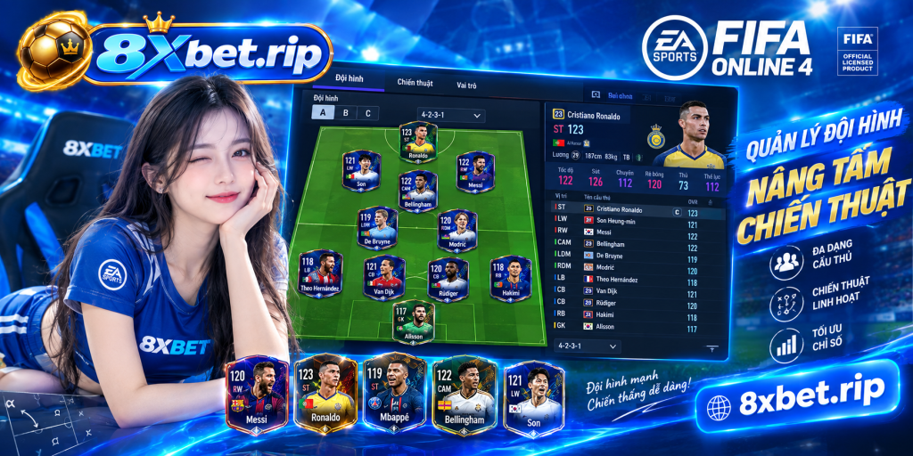 Màn hình quản lý đội hình FIFA Online với sơ đồ chiến thuật, chỉ số cầu thủ và danh sách vị trí