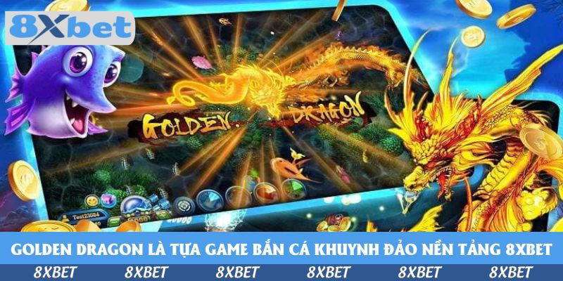 Màn hình game Golden Dragon với dòng chữ vàng nổi bật, con rồng vàng uốn lượn bên phải và chú cá tím hoạt hình cùng đồng xu ở góc trái