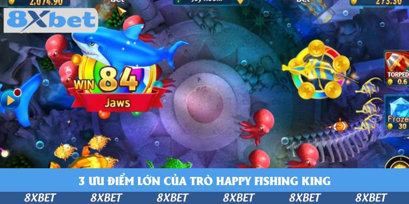 Màn hình Happy Fishing King với đàn bạch tuộc đỏ, cá mập xanh, biểu tượng WIN 84 Jaws và các nút Torpedo, Frozen ở cạnh phải
