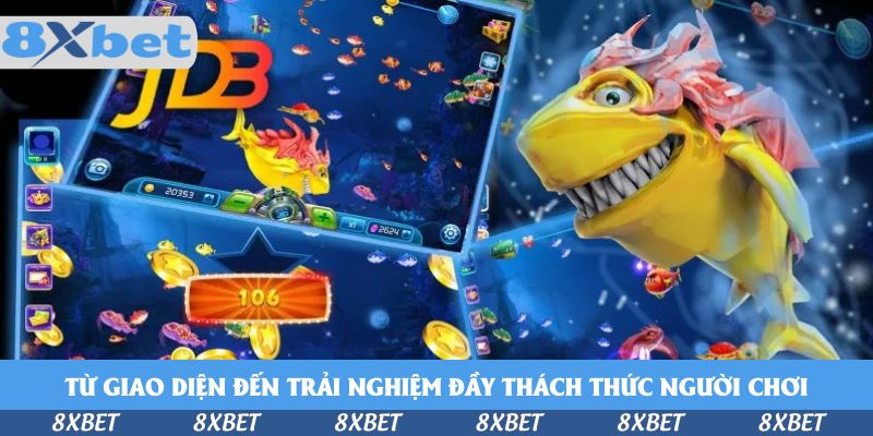 Ghép nhiều màn hình bắn cá mang logo JDB với con cá vàng răng nhọn vây đỏ và ô điểm thưởng 106